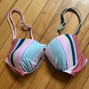Pink White Blue Yellow Stripe Bikini Top Push Up Underwire Halter Swim Size M